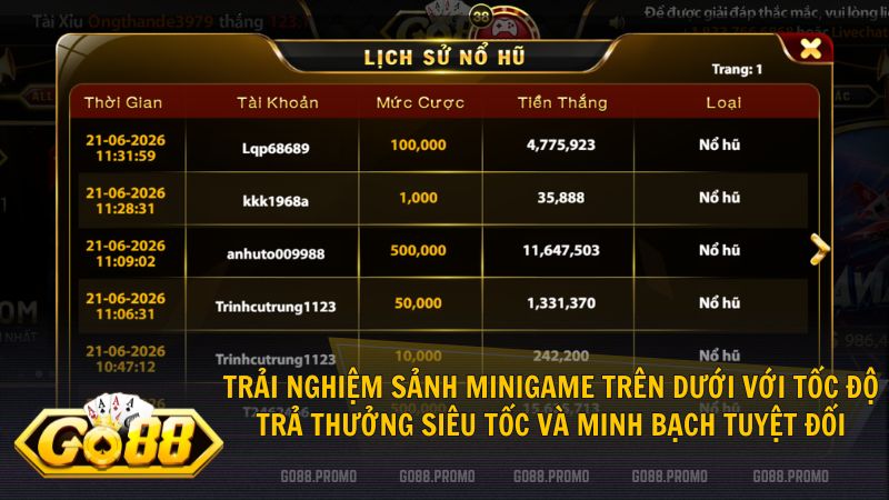 Trải nghiệm sảnh minigame Trên Dưới với tốc độ trả thưởng siêu tốc tại Go88