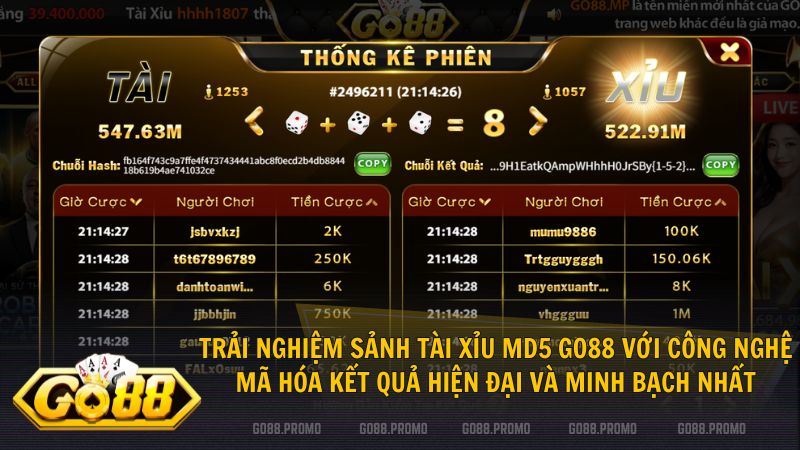 Trải nghiệm sảnh Tài Xỉu MD5 Go88 với công nghệ mã hóa kết quả hiện đại nhất